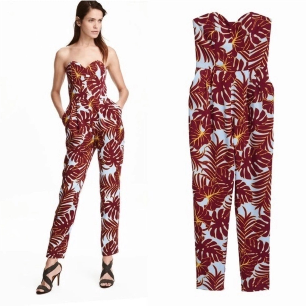 H&M Strapless Tropical Print Jumpsuit in Burgundy, White & Yellow